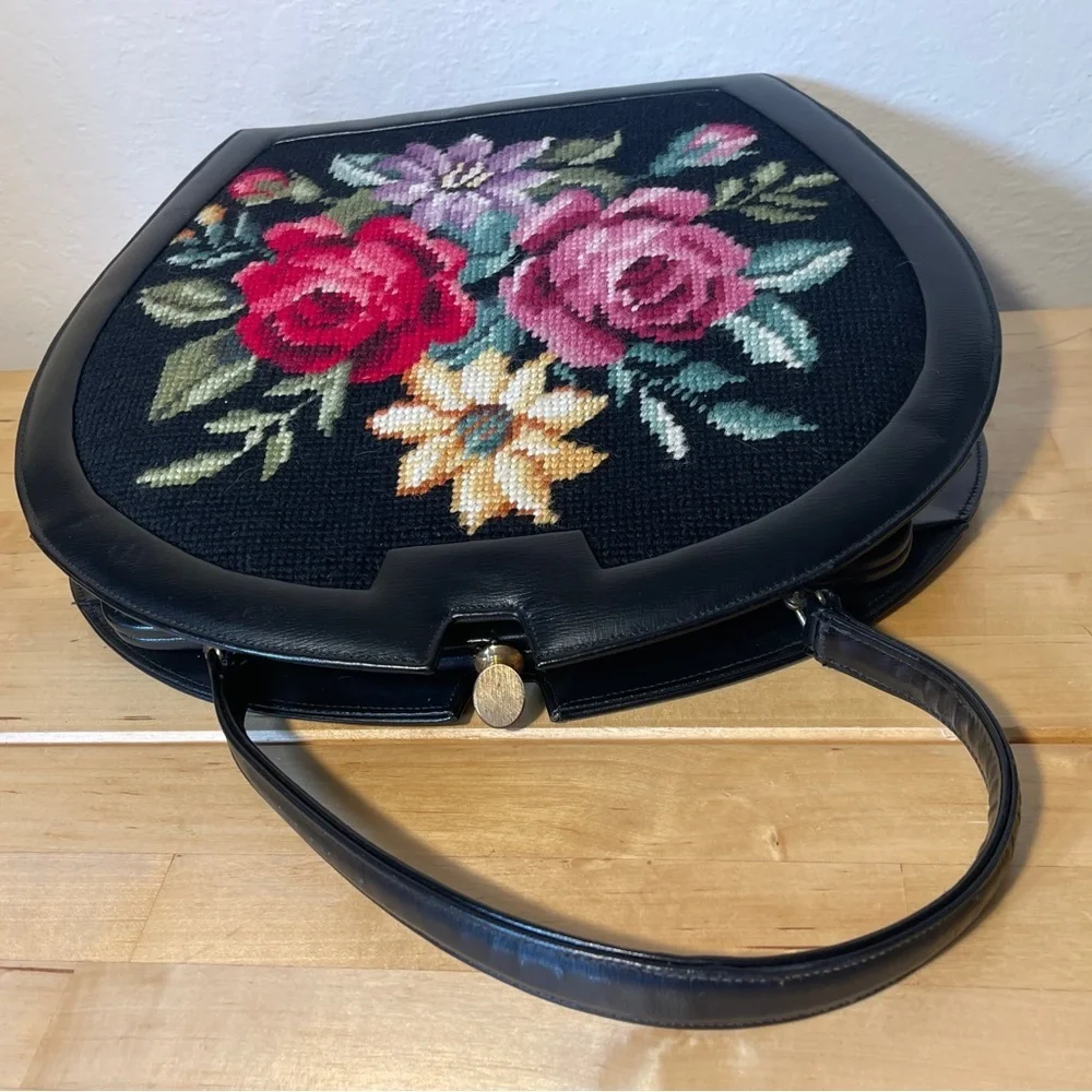 Original by Caprice Vintage Black Leather Floral Needlepoint Tapestry Handbag